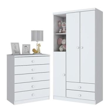 Imagem de Jogo de Quarto Infantil Bala de Menta com Guarda Roupa e Cômoda Branco