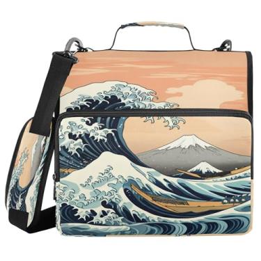 Imagem de SEHANY Fichário japonês Seawave com alça de ombro, capacidade para 500 folhas, vários bolsos, 3 cm, 3 anéis Trapper Keeper