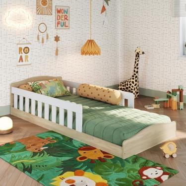Imagem de Cama Infantil De Chão Montessoriana De Solteiro Menino Menina Com Colchão E Grade Proteção Carvalho Araguaia