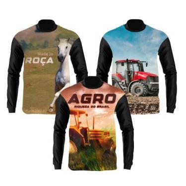 Imagem de Kit 3 Camisa Camiseta Agro Masculina Manga Longa Bruto Fazenda Trator 