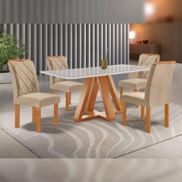 Imagem de Mesa De Jantar 120x90cm Com 4 Cadeiras Arthus E Tampo De Vidro Kyra Em Mdf Cinamomo/off White/suede Cru