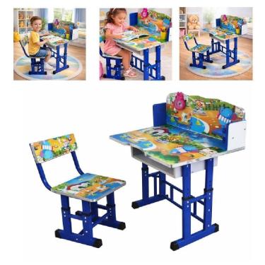 Imagem de Mesa Infantil Ajustavel Mesinha Com Cadeira De Estudo Desmontavel Kit Bancada Didatica Crianças Azul Meninos