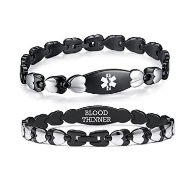 Imagem de Bracelete feminino de identificação médica de coração duplo linnalove com pulseira de aço inoxidável de 19 cm com pré-gravação 7.5 inches