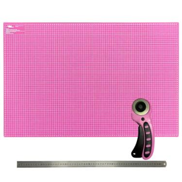 Imagem de kit Base Apoio Mesa de Corte Grande 90x60 Cortador Circular Rosa 45mm Régua inox Metal 60cm (Base de Corte Grande Rosa)