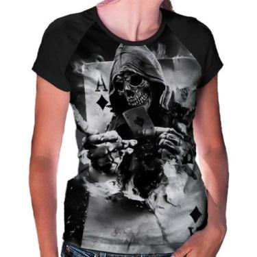 Imagem de Camiseta Raglan Baby Look Baralho Poker Caveira Skull Ref:87 - Smoke