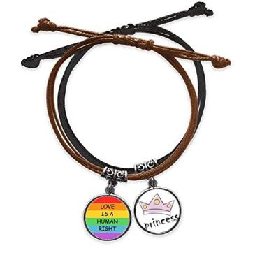 Imagem de DIYthinker Pulseira LGBT com bandeira de arco-íris lésbica gay com corrente de mão e pulseira de princesa de couro