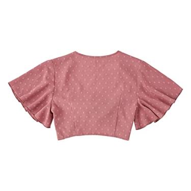 Imagem de Camisa Curta Com nó de Gravata, Manga Elástica Solta, Camisa Curta Com nó de Gravata Adequada para Mulheres No Dia a Dia (XL)