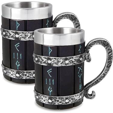 Imagem de Tioncy 2 peças de caneca nórdica de runa viking nórdica de 590 ml com alça de tanque com forro de aço inoxidável decoração nórdica novidade gótica copo viking poético presentes para homens bebendo