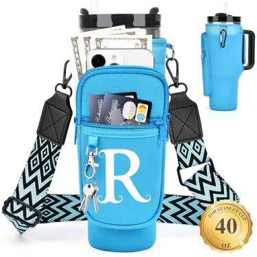 Imagem de LOKASS Suporte de garrafa de água personalizado com alça para acessórios Stanley Cup Tumbler de 1,134 g, bolsa de transporte inicial para garrafa de água com bolso para telefone, para mulheres, ideal