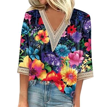 Imagem de Camisetas femininas de verão manga 3/4 com decote em V floral 2024, camisetas femininas casuais com acabamento em renda, blusas femininas elegantes e casuais, Roxo escuro 78, G