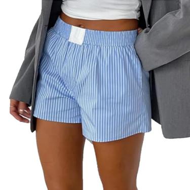 Imagem de Short feminino xadrez listrado cintura elástica pijama shorts fofo guingão pijama Y2k pijama micro shorts, Listras azul-celeste, G