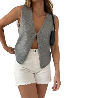 Imagem de Jkerther Suéter feminino sem mangas de crochê cropped de tricô suéter curto com botões VestY2k Streetwear, Cinza, P