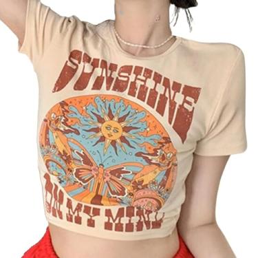 Imagem de Tuislay Camiseta feminina Y2K Baby com estampa de sol vintage cropped para meninas adolescentes slim fit E-Girls camiseta estética streetwear, Damasco, M
