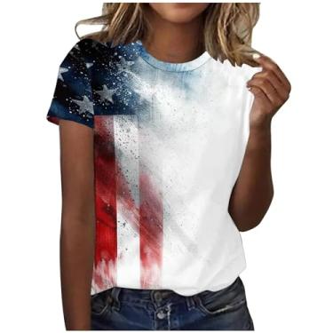 Imagem de Roupas femininas de 4 de julho de 2024 blusas de verão com gola redonda e manga curta, camiseta com bandeira americana, túnica solta, A02 multicolorido, XXG