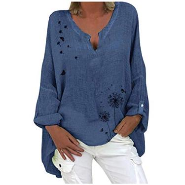 Imagem de Camisa feminina de algodão e linho, gola Henley, blusa grande, estampada, manga comprida, boho, camisa casaul, Azul marino, XXG