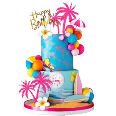 Imagem de DRWATE Summer Hawaiian Cake Topper with Beach Ball Sun Umbrella Goggles Beach Cake Decorations for Summer Holiday Theme Baby Shower Supplies (Surfboard)
