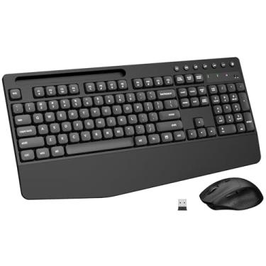 Imagem de EDJO Teclado e mouse sem fio, descanso de pulso, suporte de telefone, combinação de teclado ergonômico sem atraso de 2,4 G, conjunto de teclado silencioso sem fio para computador, laptop, PC, Mac,