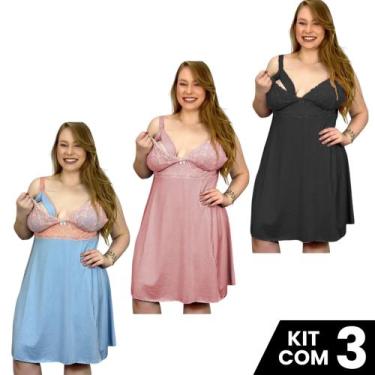 Imagem de Kit 3 Camisolas Amamentação Plus Size Pós Parto Maternidade Tamanho Gr