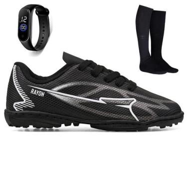 Imagem de Kit Chuteira Infantil Futebol Campo Society Meninos Meião + Relógio - 