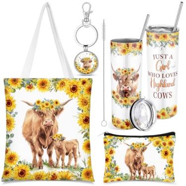 Imagem de Abbylike 4 peças presentes de vaca Highland para mulheres presentes para amantes de animais cavalos 590 ml copo de aço inoxidável com tampa de palha chaveiro de metal de vaca sacola de lona bolsa de