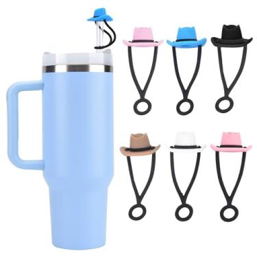 Imagem de TOYORK Pacote com 6 chapéus de cowboy de silicone capas de palha compatíveis com Stanley Cup 30 1,134 g, lindos topos de palha para copos Staw Stanley de 0,9-1 cm, acessórios para homens e mulheres,