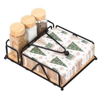 Imagem de Porta-guardanapos de metal com saleiro e pimenteiro, suporte de guardanapo plano com base de madeira, suporte de guardanapo moderno para mesa com braço de peso, para decoração de mesa de cozinha,