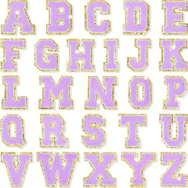 Imagem de 26 Peças Adesivos Glitter Ferro em Letras Chenille A-Z Remendos Decorativos Reparos Bordados Adesivos Costurados Personalizados em Adesivos para Reparação de Roupas Chapéus Camisas Sapatos Jeans Bolsas (Ouro, Roxo)