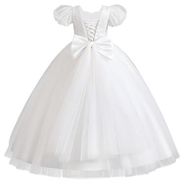 Imagem de IDOPIP Vestido floral de lantejoulas com laço para crianças, casamento, dama de honra, concurso, festa, formal, vestido longo, vestido de tule, Branco, 11-12 anos