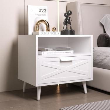 Imagem de ZERDER Mesa de cabeceira com gaveta, mesa lateral de armazenamento, suporte de cabeceira de madeira moderno com prateleira, suportes de cabeceira para quarto e sala de estar (branco)