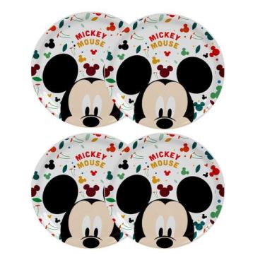 Imagem de Jogo 4 Pratos Rasos Melamina Refeição Infantil Mickey Mouse 20cm - Tuu