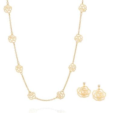 Imagem de Conjunto Rosas Vazadas Colar + Brincos Feminino Rommanel Banhado A Our