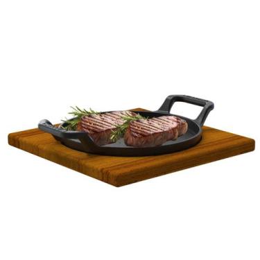 Imagem de Chapa Bifeteira de Ferro Fundido Redonda com Alça de Ferro Lisa 22 cm 