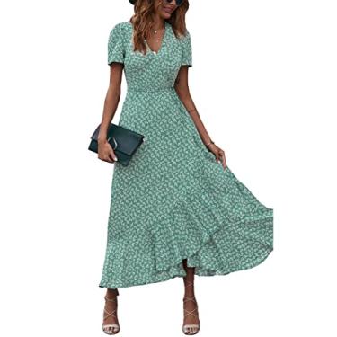 Imagem de PRETTYGARDEN Vestido maxi feminino de verão, casual, floral, decote em V, manga curta, bainha com babados, vestidos longos de praia, Verde, M