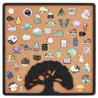 Imagem de BENECREAT Quadro quadrado da árvore da vida, quadro de cortiça, quadro de exibição de avisos de 30 x 30 cm, quadro de cortiça montado na parede com moldura preta para exibição de broche, decoração de