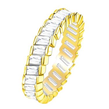 Imagem de Uloveido Anel feminino banhado a platina Baguete CZ diamante pavê eternidade Y1790, 9, Cristal, Zircônia cúbica
