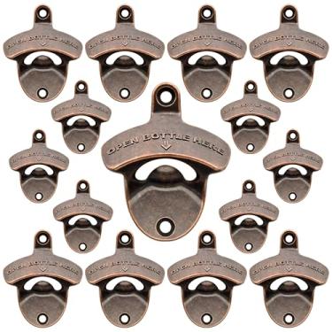 Imagem de Luwanburg Abridor de garrafa de 15 peças montado na parede abridor de tampa de cerveja a granel, abridor de garrafa de refrigerante montado na mesa para refrigerador de tábua de madeira DIY (cobre