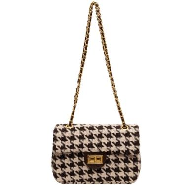 Imagem de Houndstooth Bolsa transversal de ombro com corrente para mulheres, bolsa de mão e bolsa moderna de tecido de lã, Marrom A