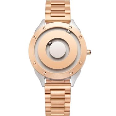 Imagem de EUTOUR Relógio feminino de pulso, magnético, elegante, minimalista, unissex, relógio de quartzo suíço com mostrador de aço inoxidável/couro de 36 mm, Mostrador ouro rosa/pulseira de aço inoxidável,