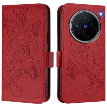 Imagem de Capa carteira rosa e borboleta em relevo para vivo X200 Pro, [bloqueio RFID] [suporta carregamento sem fio] 3 compartimentos para cartão e 1 compartimento para dinheiro, capa flip com fivela magnética