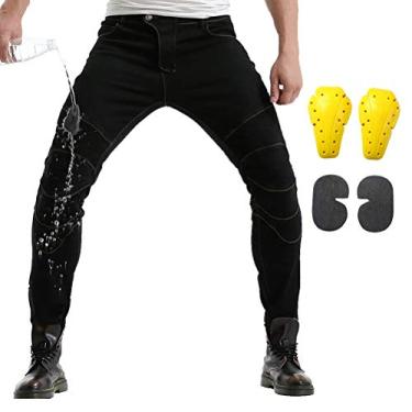 Imagem de Calça jeans masculina impermeável para motociclismo 2019 com 4 joelheiras (GG, preta)