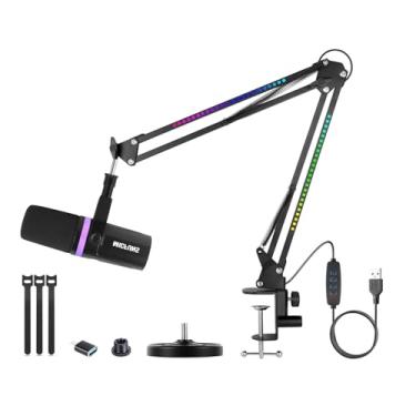 Imagem de Microfone dinâmico vocal Micufuns, XLR/USB, gravação de podcast, microfone de metal de estúdio com mudo, conector de fone de ouvido, controle de volume de monitoramento, com braço boom de microfone