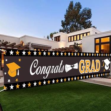 Imagem de DOTOOMA 118 x 20 polegadas preto cinza Congrats Grad Yard Banner sinal amarelo branco estrela valetadeira boné decoração festa formatura material de tecido poliéster material exterior interior