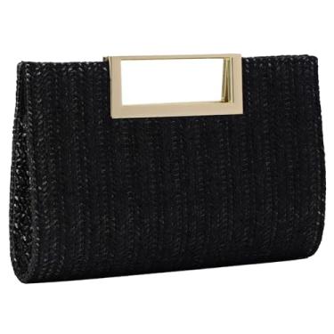 Imagem de Bolsa feminina clutch de palha bolsa de ráfia de tecido bolsa transversal para mulheres praia verão viagem, Preto
