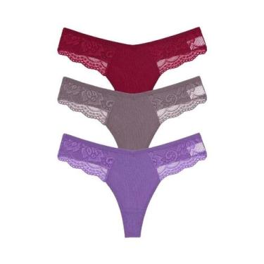 Imagem de Calcinhas Tangas de Renda e Algodão - 3 Peças - Cintura Baixa, L, Conj