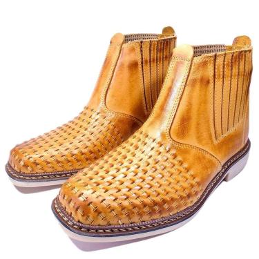 Imagem de Bota Botina Country Masculina Em Couro Trançada De Cano Curto Com Elásticos Laterais