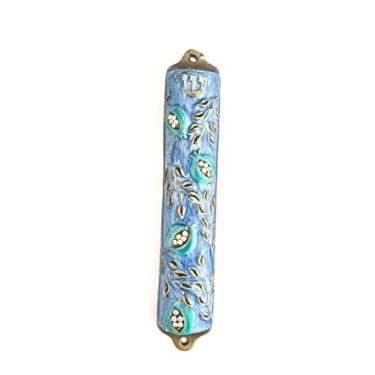 Imagem de GoodLight USA Bless This House, Mezuzah Case - Mezuzah Cover, Pomegranate Tree Design Crafted in Heavy Brass, Jerusalem Judaica, Israel, Door Mezuza Case 4" (Blue)