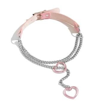 Imagem de Dtexhif Colar de corrente deslizante com gargantilha de couro, aço inoxidável, elos cubanos, colar de lariat longo, punk rock, coração, colar, feito à mão, para mulheres, Large, Couro sintético, Sem