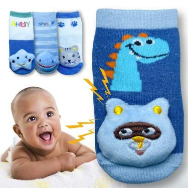 Imagem de Kit 3 Pares Meia Bebê Menino Antiderrapante Pelúcia Chocalho - Rupee, 