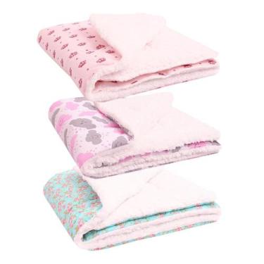 Imagem de Kit Manta com Sherpa Dupla Face para Bebê Menina Charmosa 03 Peças - A