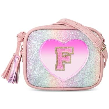 Imagem de Bolsa infantil de coração, presente de aniversário para meninas, linda bolsa de couro infantil, bolsa transversal pequena, bolsa personalizada com letras iniciais, Glitter-pinkletter, F